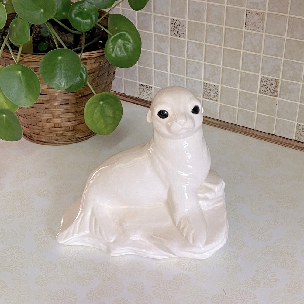 Vintage Ceramic Harp Seal on rock sculpture figurine made in Canada